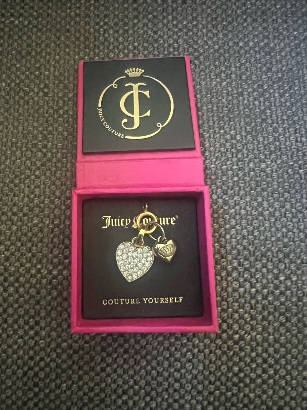 Juicy Couture Gold Heart Charm Pendant w/ Crystal Accents and Silver Crown Charm